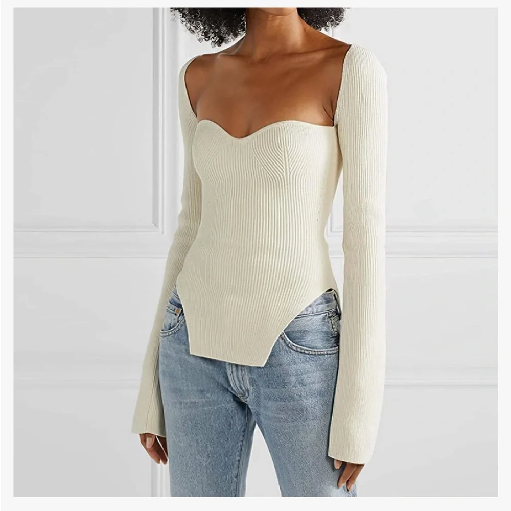 White Square Neck Ribbed Knitted Long Sleeve Sweater NWT - Picture 2 of 7